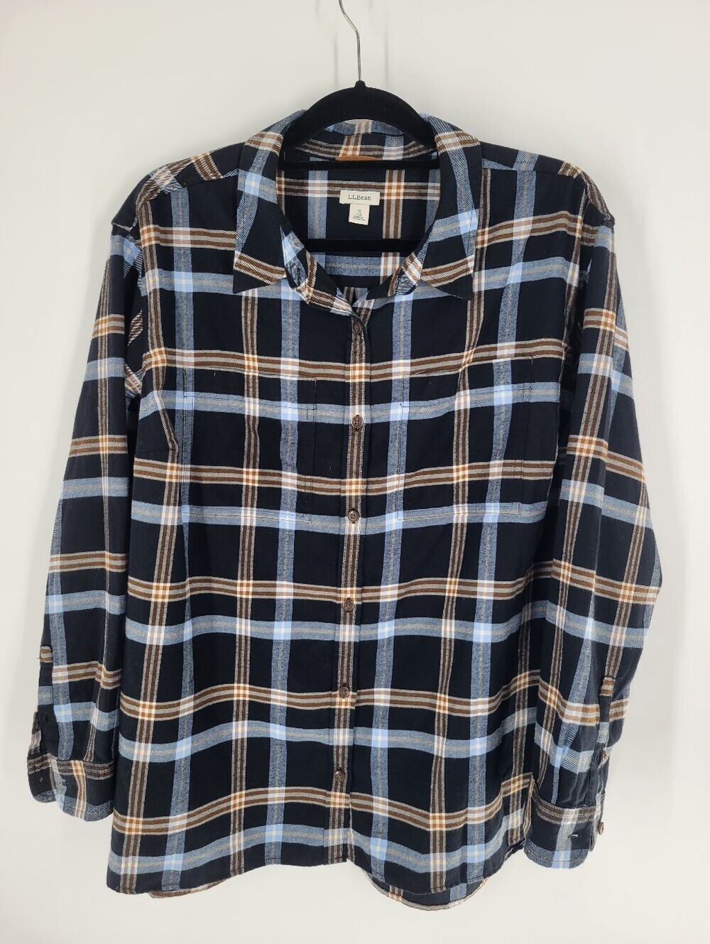 L.L.Bean Relaxed Fit Blue Plaid Flannel Shirt 100% Cotton Womens XL